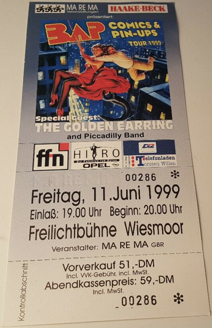 Golden Earring show ticket#2860 June 11 1999 Wiesmoor - Open Air Festival